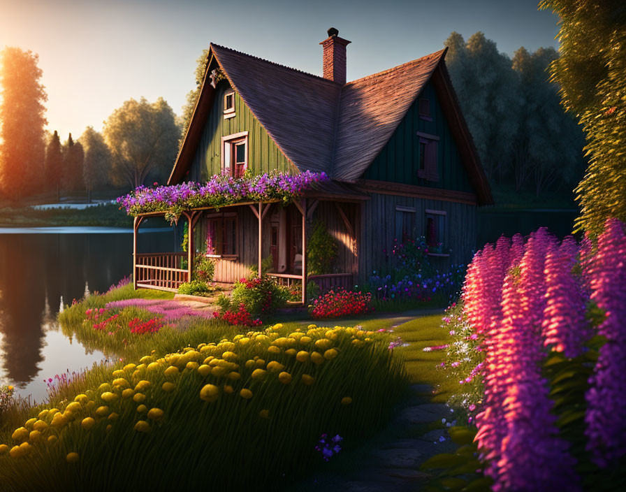 Tranquil lakeside cottage with flower-covered porch at sunset