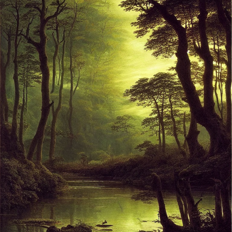 Tranquil forest painting with tall trees and misty river