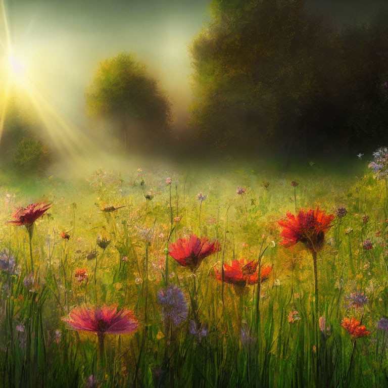 Serene meadow with red flowers and greenery in sunlight mist