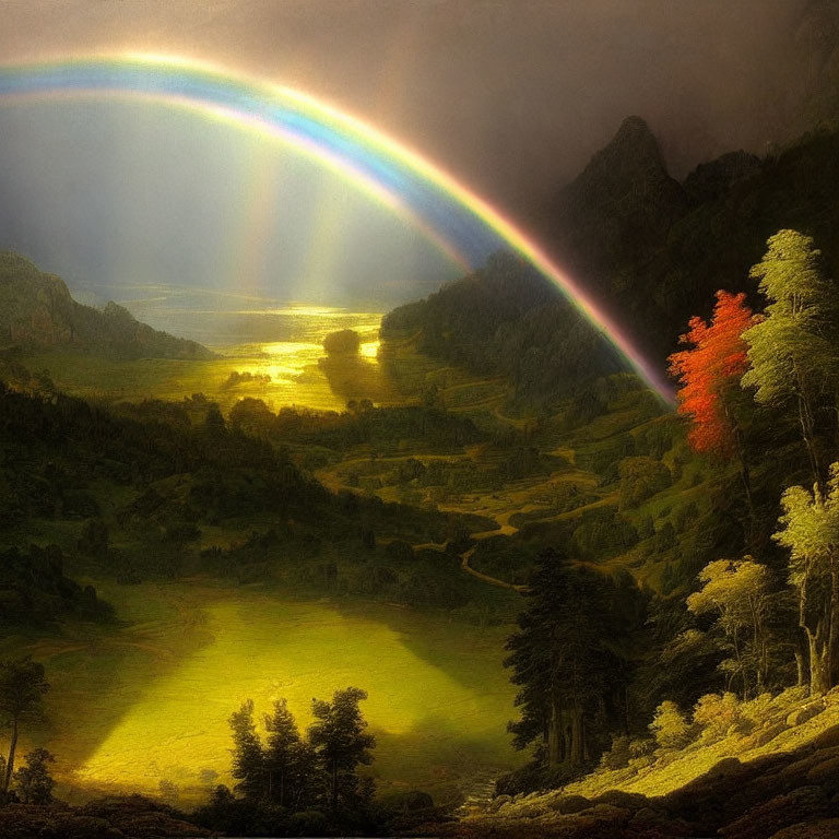 Vibrant rainbow over sunlit valley with misty mountains