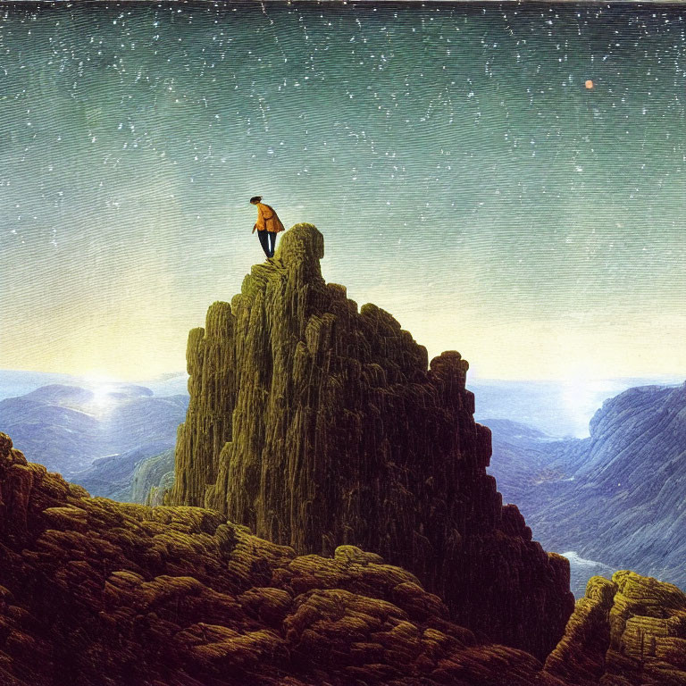 Solitary figure on jagged mountain peak under star-filled night sky