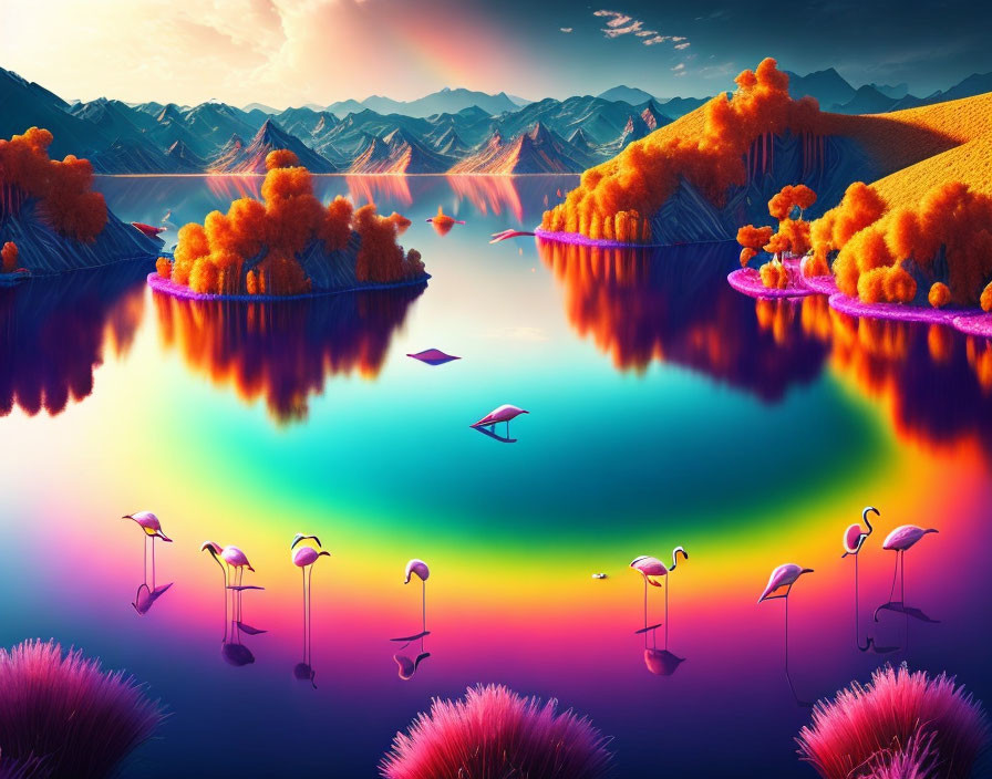 Colorful Trees, Mirror Lake, Flamingos, & Undulating Mountains in Surreal Landscape