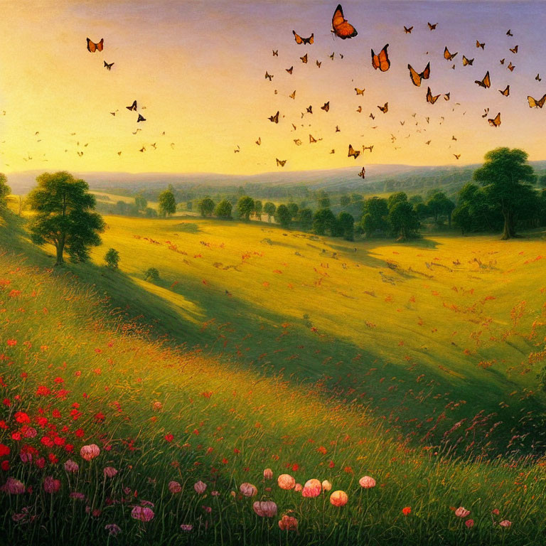 Vibrant sunset landscape with green hills, wildflowers, and butterflies