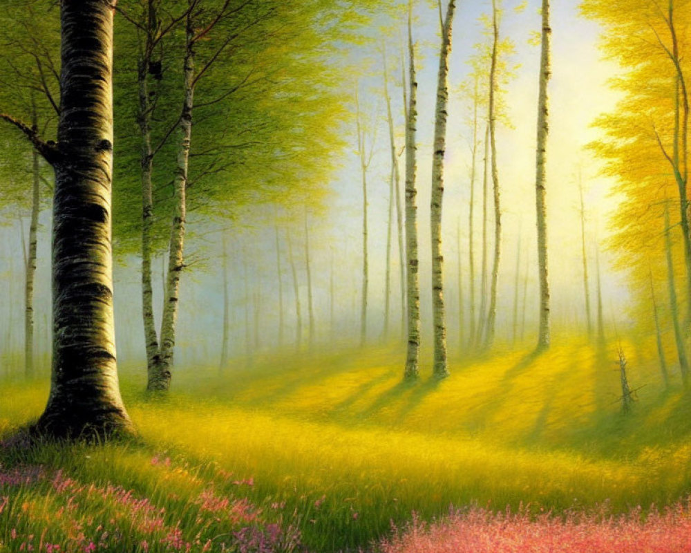 Tranquil Birch Forest with Sunlight and Flowers