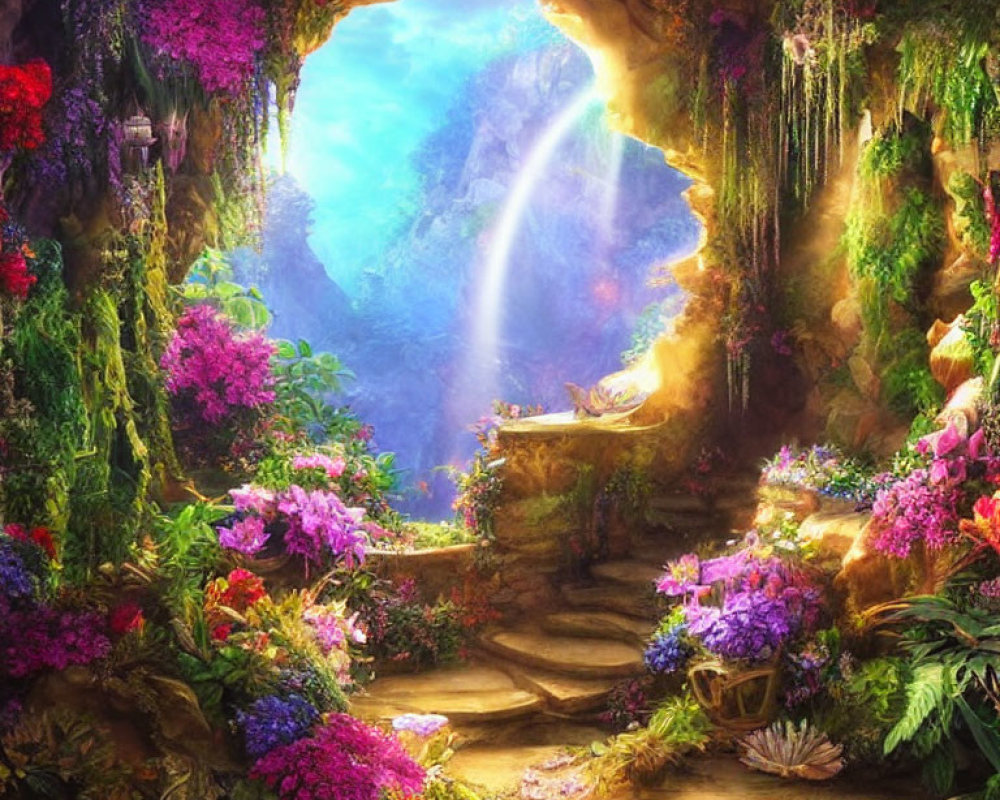 Colorful Fantasy Cave with Natural Archway and Sunbeam
