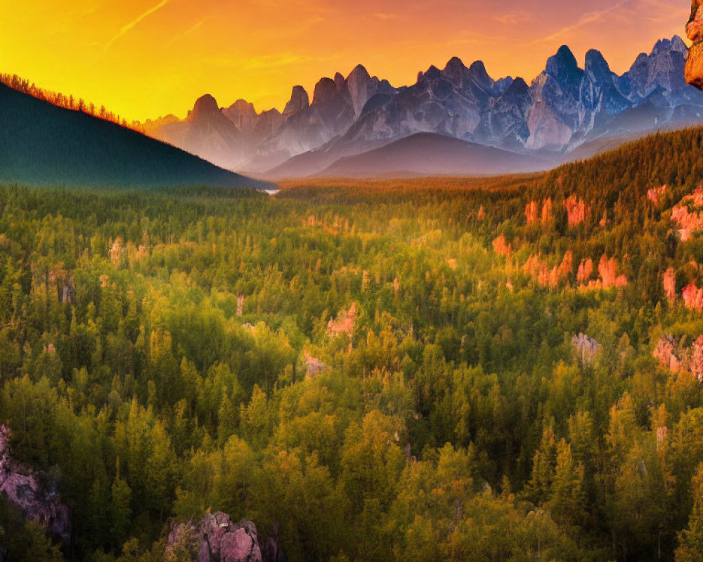 Scenic sunset over forest with rocky mountain silhouette