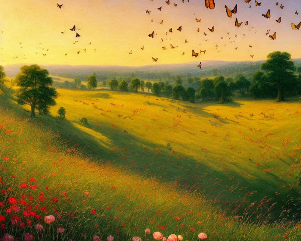 Vibrant sunset landscape with green hills, wildflowers, and butterflies