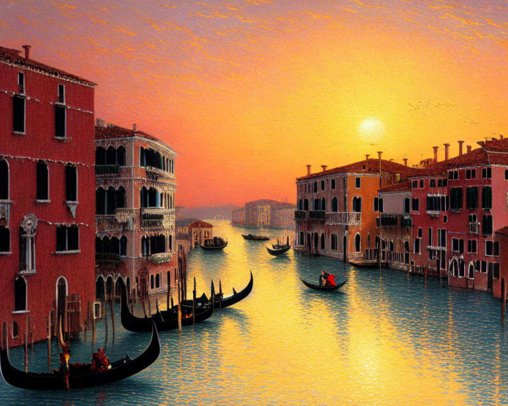 Venice canal at sunset with gondolas and historic buildings reflecting warm hues