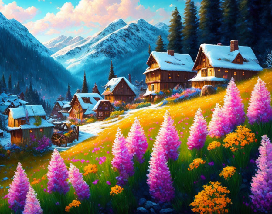 Colorful Painting of Mountain Village with Cozy Cabins and Flowers