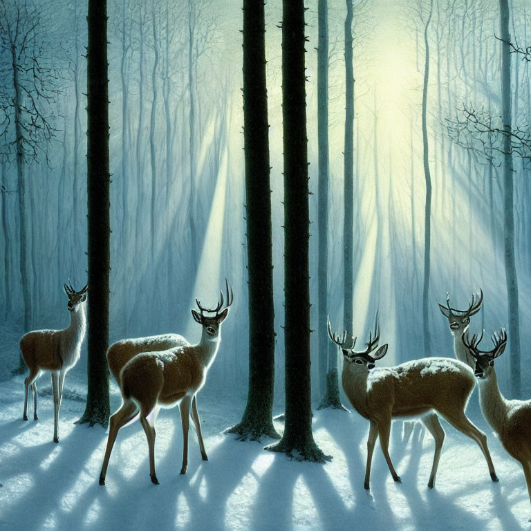 Sunbeams Illuminate Deer in Snowy Forest Scene