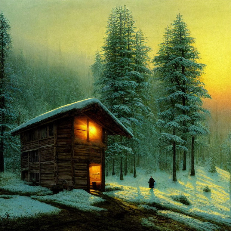 Snowy forest cabin at dusk with glowing windows and misty trees