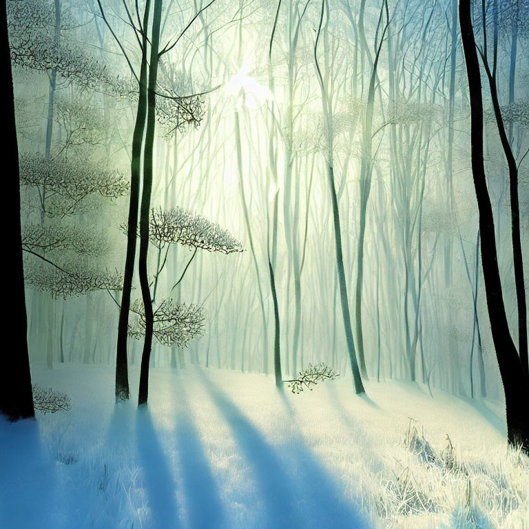 Snowy forest with mist and sunlight filtering through bare trees