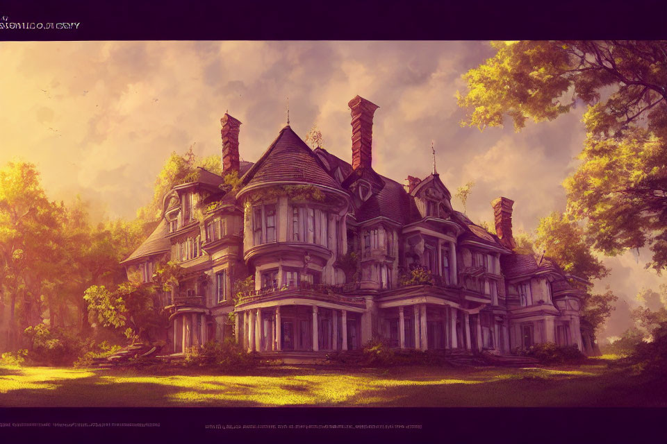 Victorian-style Mansion in Mystical Forest at Sunset