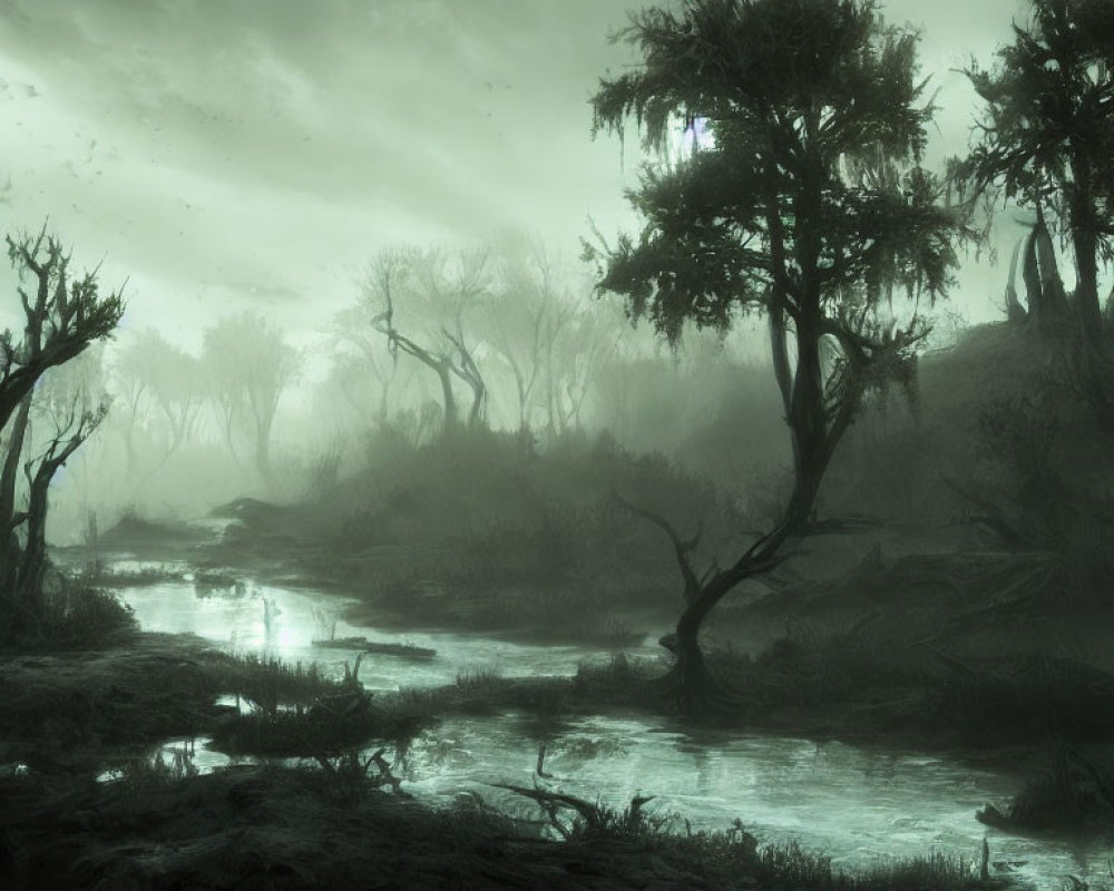 Eerie swamp with twisted trees and murky stream