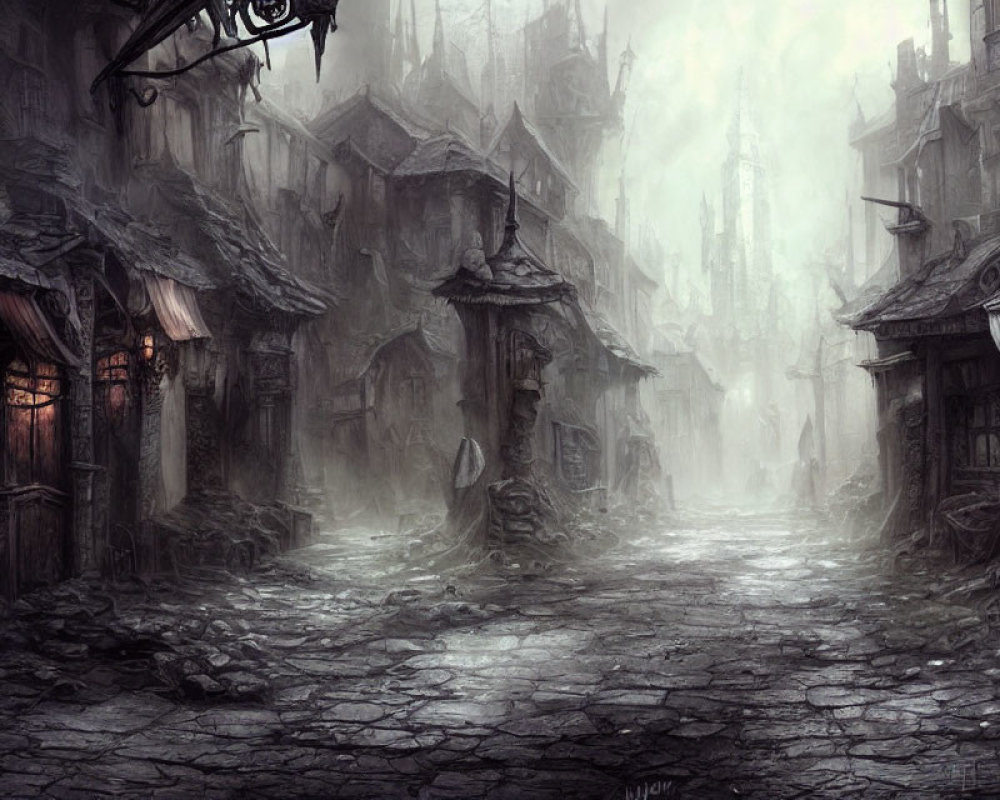 Medieval town cobblestone street with decayed buildings and foggy atmosphere