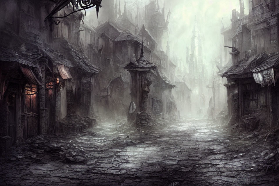 Medieval town cobblestone street with decayed buildings and foggy atmosphere