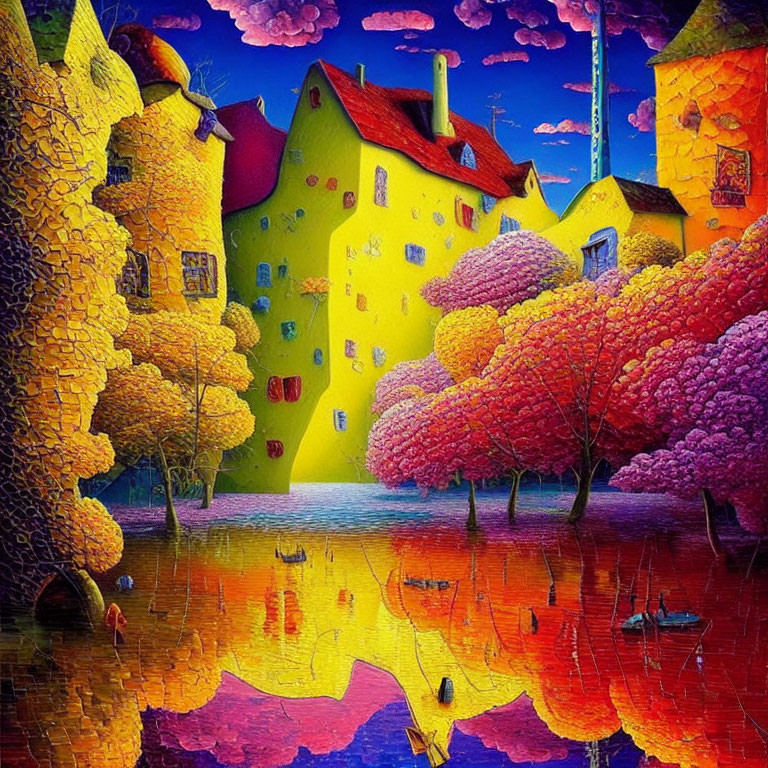 Colorful painting of whimsical houses and trees by reflective water.