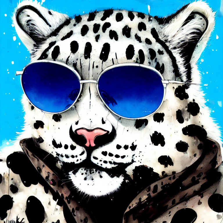 Snow leopard face painting with blue sunglasses and bold spots