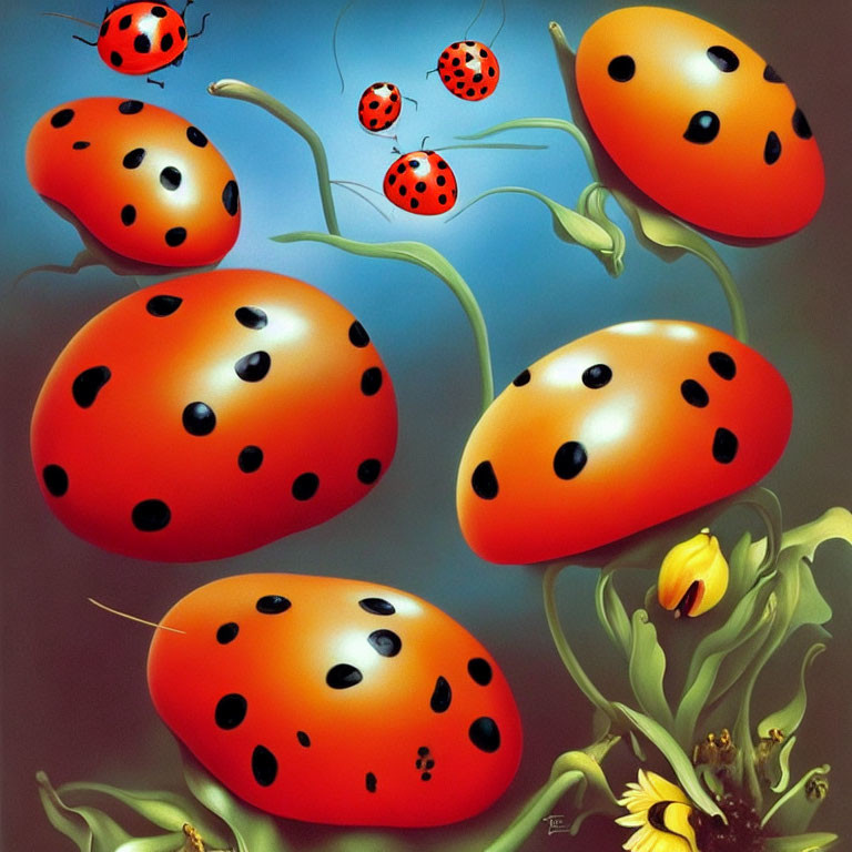 Whimsical oversized ladybugs with various spot patterns on vibrant green plants