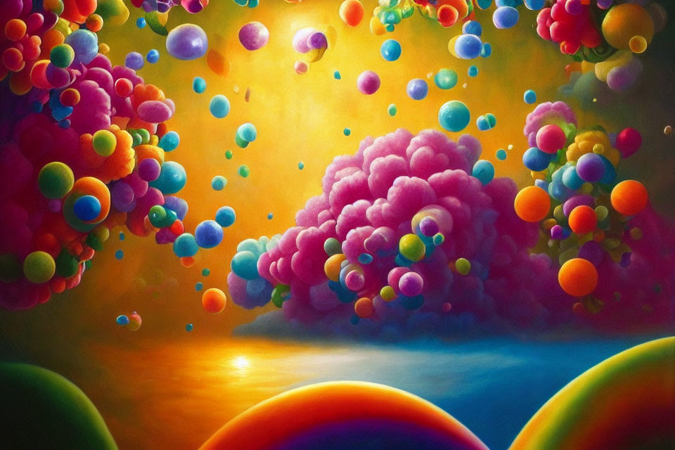 Colorful Floating Spheres in Orange Dreamscape with Pink Cloud