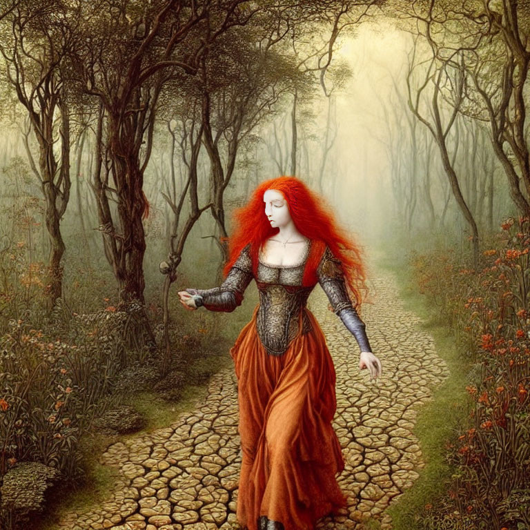 Red-haired woman in medieval dress strolls cobblestone path in enchanted forest