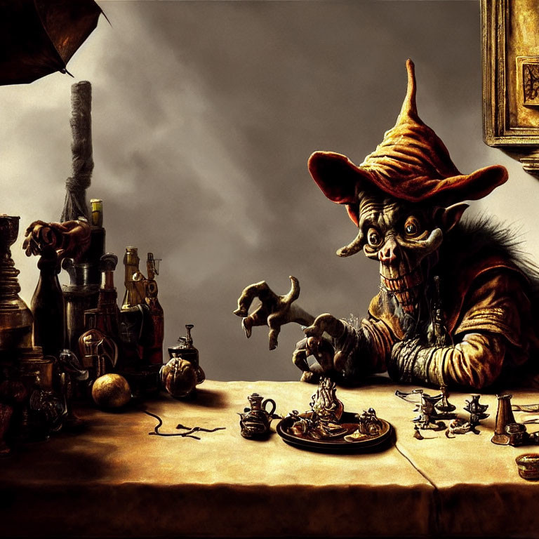 Whimsical goblin illustration at cluttered workstation with potions, books, and cat