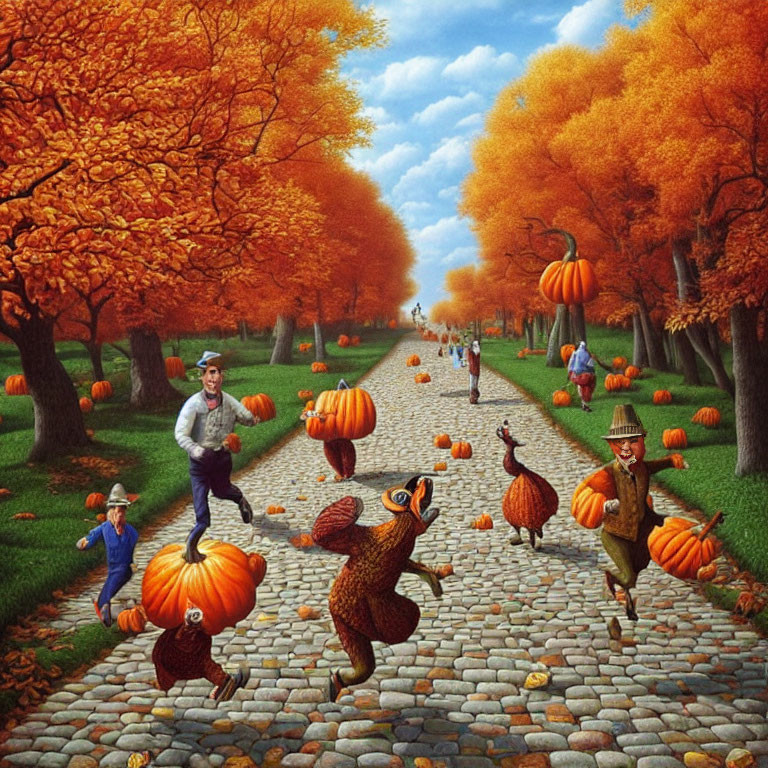 Anthropomorphic pumpkins chase people in autumn scene.