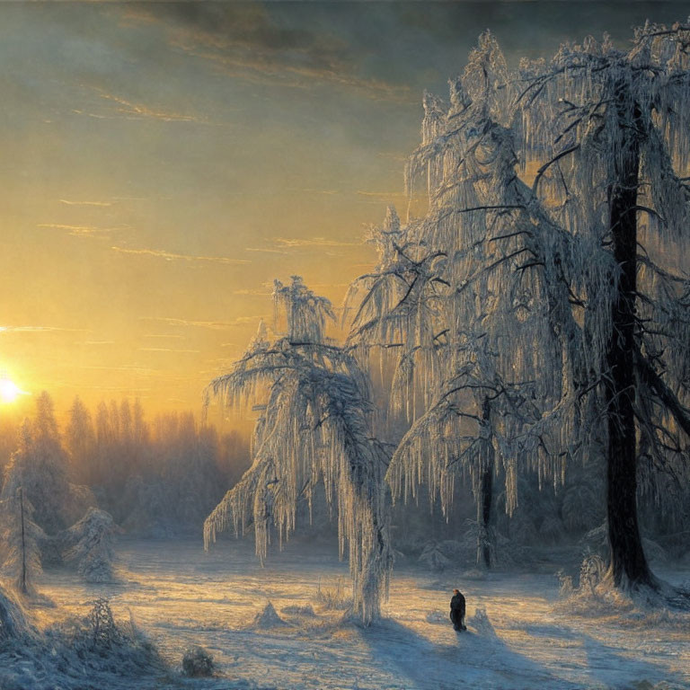 Snow-covered Path in Serene Frosty Forest with Sunbeams at Dawn