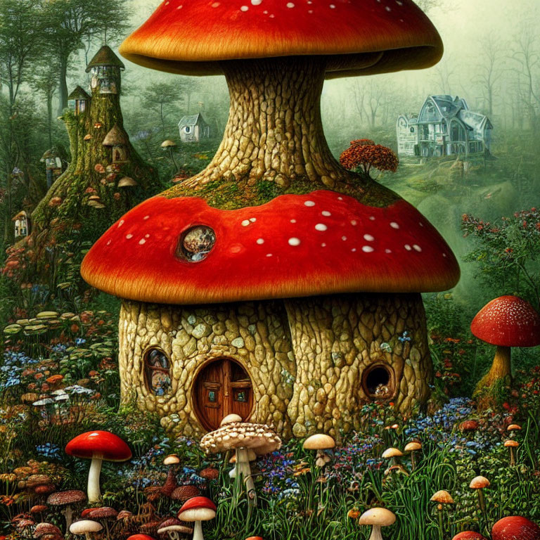 Whimsical forest scene with large mushroom house and colorful flowers