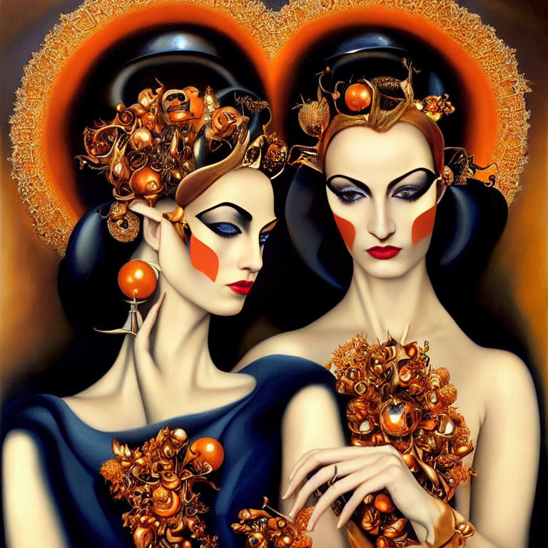 Stylized women with ornate headdresses and bold makeup