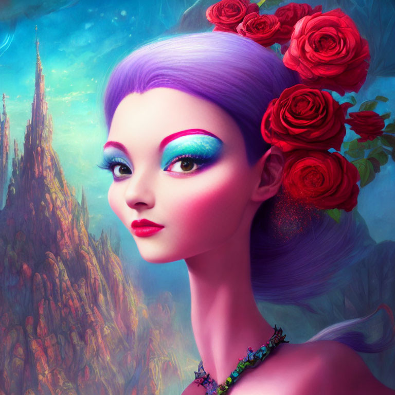 Digital artwork featuring woman with purple hair, bright makeup, red roses, and fantasy castle.