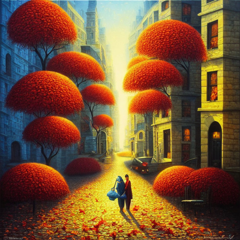 Couple walking on charming street with red-orange trees and sunlight
