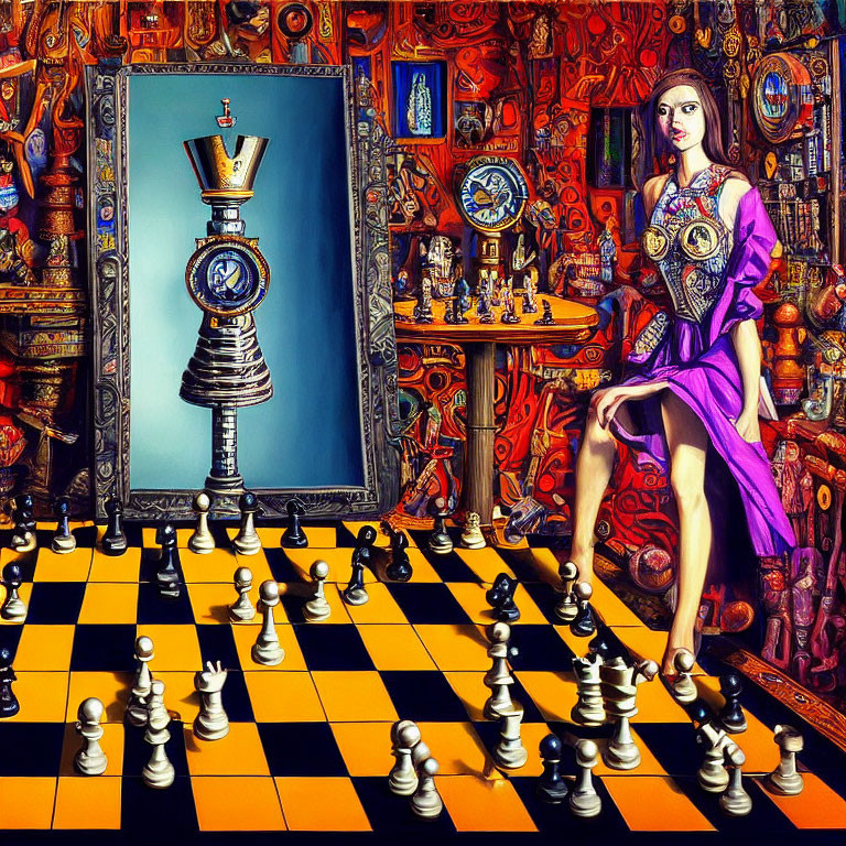 Colorful painting of woman in purple dress with chessboard and mirror