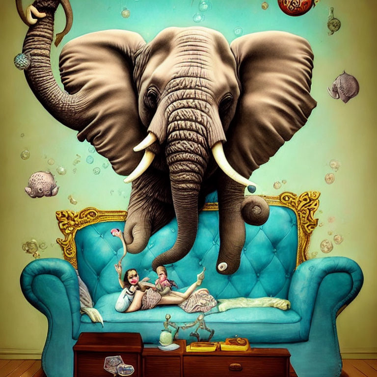 Elephant emerging behind blue couch in room with floating objects