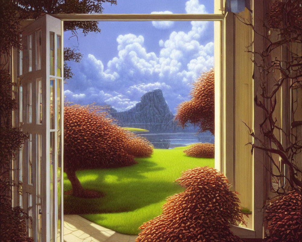 Tranquil landscape view through an open window
