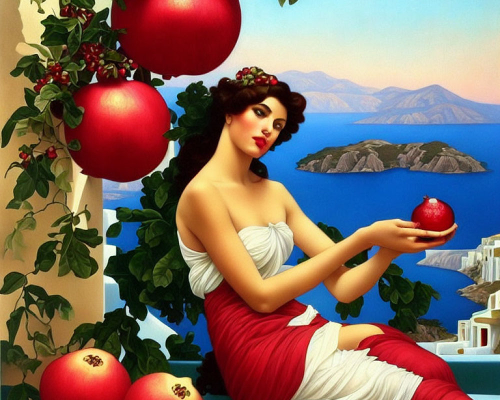 Stylized painting of woman in red & white dress with pomegranate by the sea