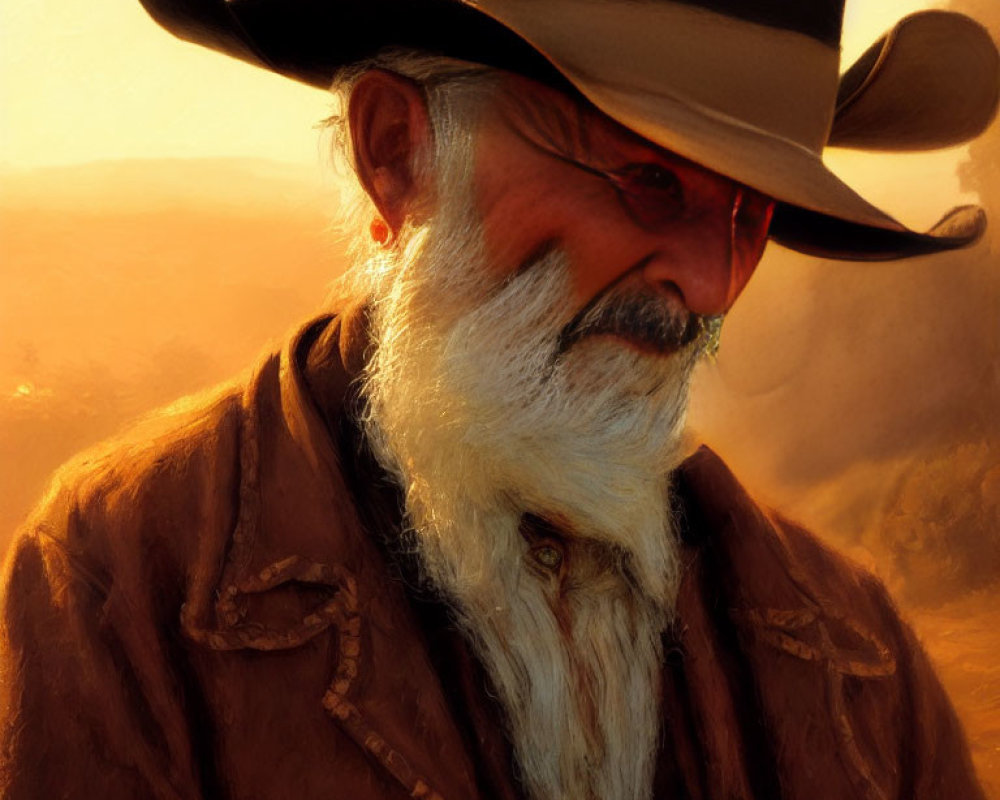Elderly Man in Cowboy Hat with White Beard and Brown Jacket in Golden Light