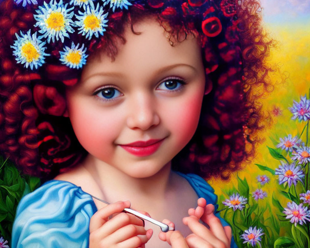 Vibrant digital artwork of young girl with red hair and daisies in colorful floral setting