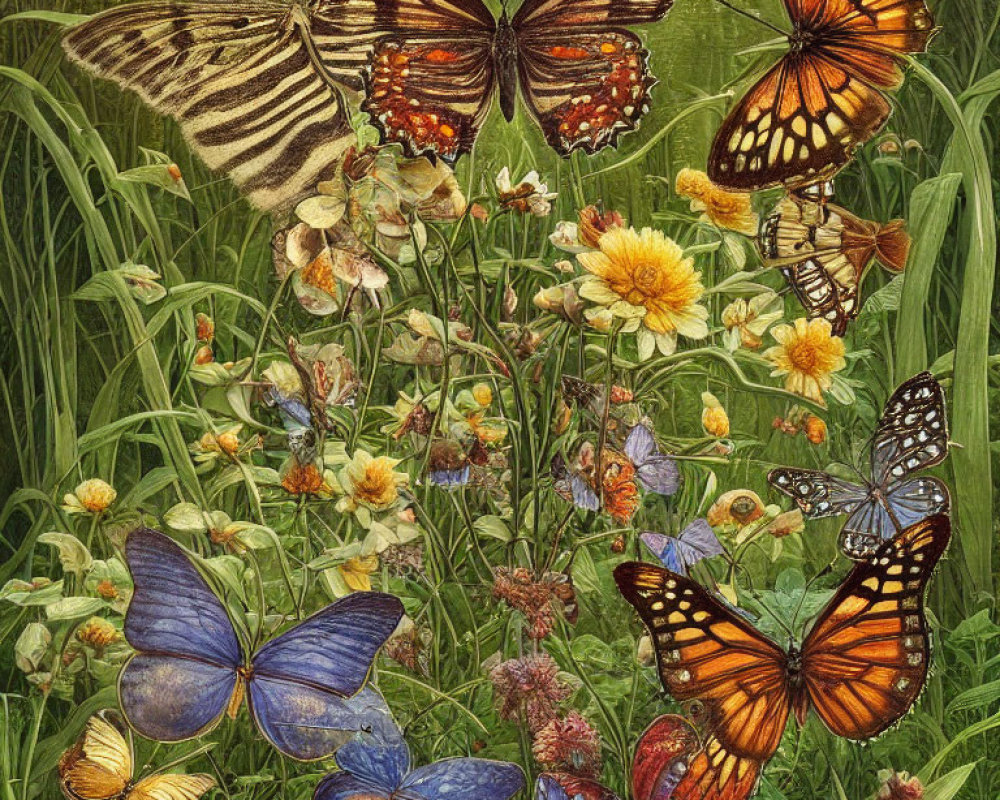 Colorful Butterfly Collection Among Flowers and Greenery