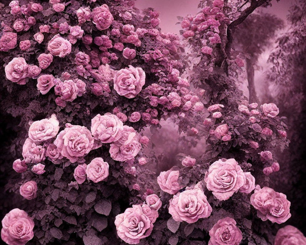 Abundant Pink Roses Bloom in Monochrome Garden