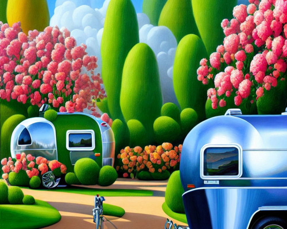 Vibrant landscape illustration with green trees, clouds, trailers, and bicycle