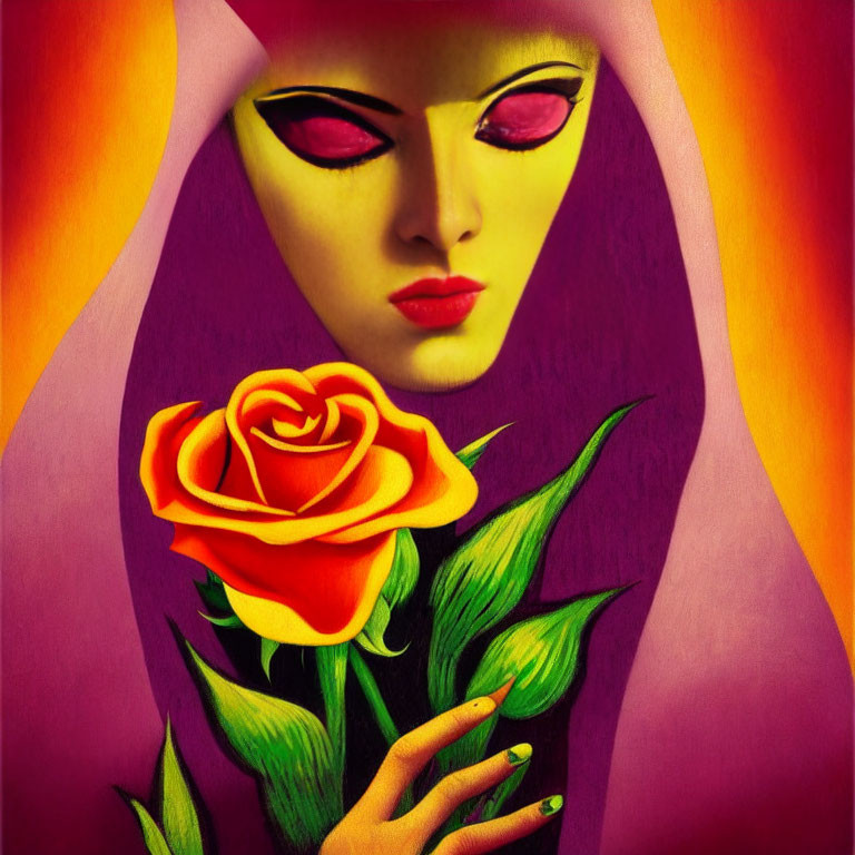 Vibrant portrait of a woman with yellow eyes and pink eyeshadow holding a red rose