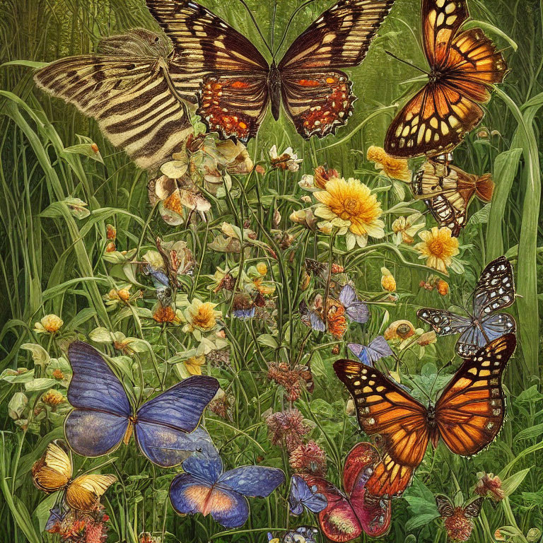 Colorful Butterfly Collection Among Flowers and Greenery