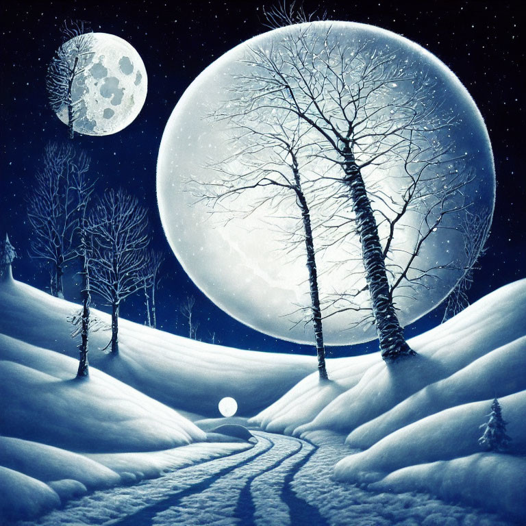 Snowy Night Landscape with Large Moon, Bare Trees, Winding Path, and Small Moon-like Sphere