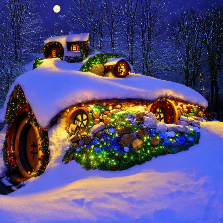 Cozy Hobbit-style house with round windows and doors, winter decorations, and snow at twilight