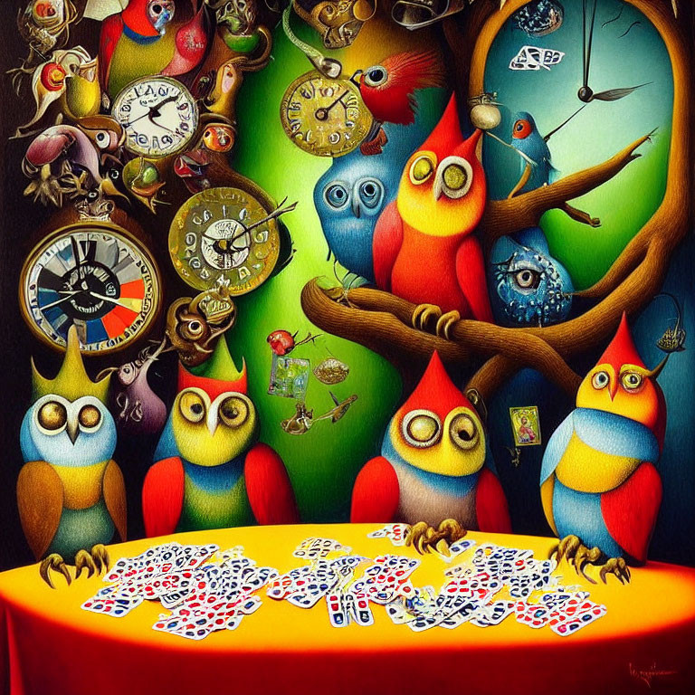 Vibrant scene: Colorful owls with humanlike eyes playing cards at a table