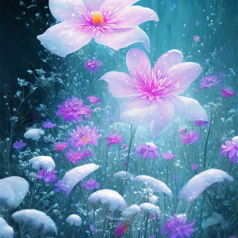 Pink Flowers in Mystical Blue Forest with Light Beams