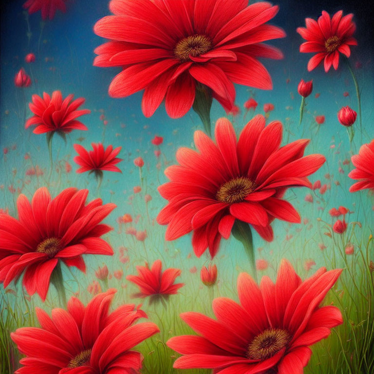 Colorful Red Flowers with Yellow-Brown Centers on Blue and Green Background
