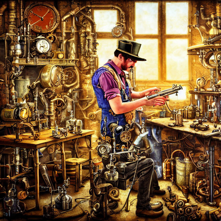 Man in top hat and vest in cluttered steampunk workshop with gears and vintage machinery