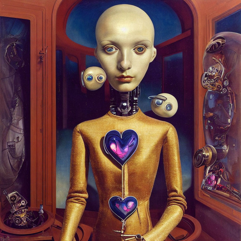 Surreal humanoid robot with heart-shaped glass panel in room full of robotic parts